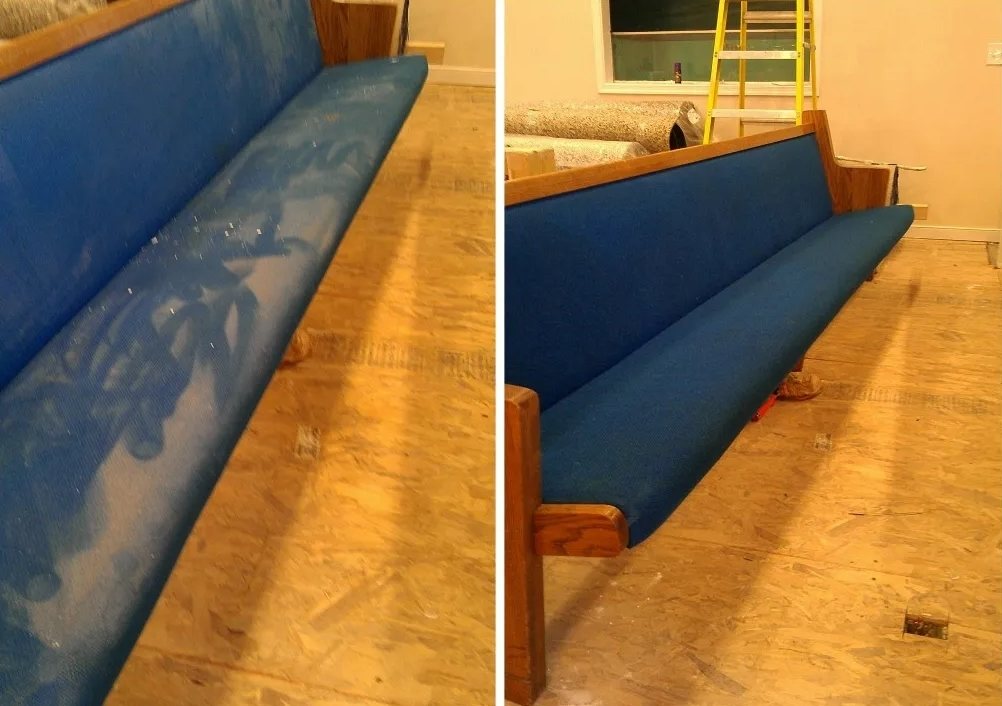 Before and after of a dusty blue church pew after upholstery cleaning