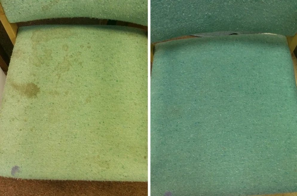 Before and after of a stained green chair seat after upholstery cleaning